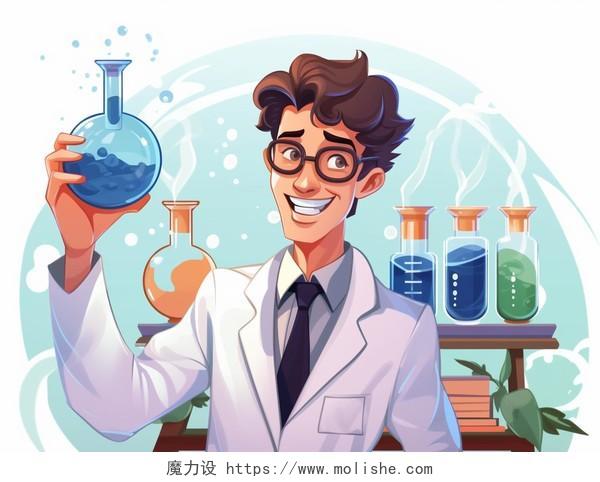 做科学实验穿着实验室外套的人拿着烧瓶卡通